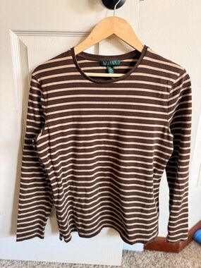 Ralph Lauren Brown and Cream Striped Long-Sleeve Tee